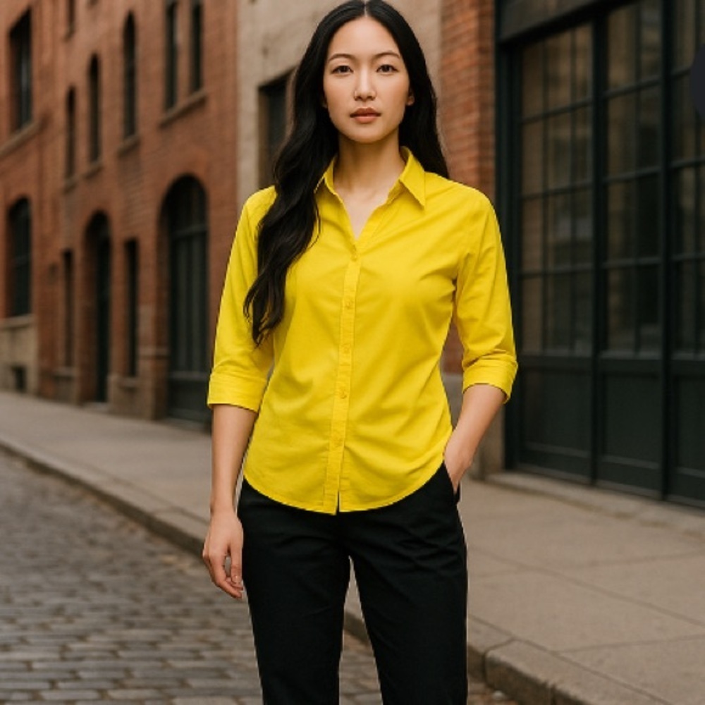 At Last Stretch Yellow Button-Up Shirt Women’s Medium 3/4 Sleeve Casual Top.